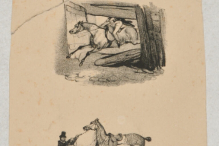 VIGNETTE FROM "THE VARIOUS PLEASURES OF EQUITATION ILLUSTRATED IN TWENTY-TWO SKETCHES WHICH ALL SHOW HORSEMEN BEING INJURED"