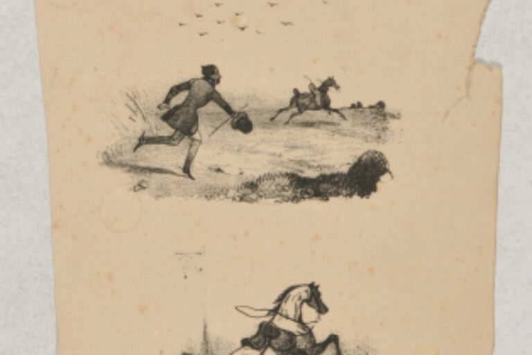 VIGNETTE FROM "THE VARIOUS PLEASURES OF EQUITATION ILLUSTRATED IN TWENTY-TWO SKETCHES WHICH ALL SHOW HORSEMEN BEING INJURED"