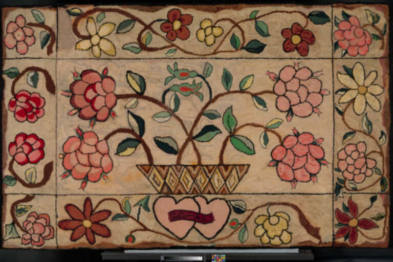 Handcrafted Hooked Rug with Large Floral Bouquet & Joined Hearts