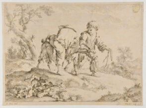 Two boys playing with a goat