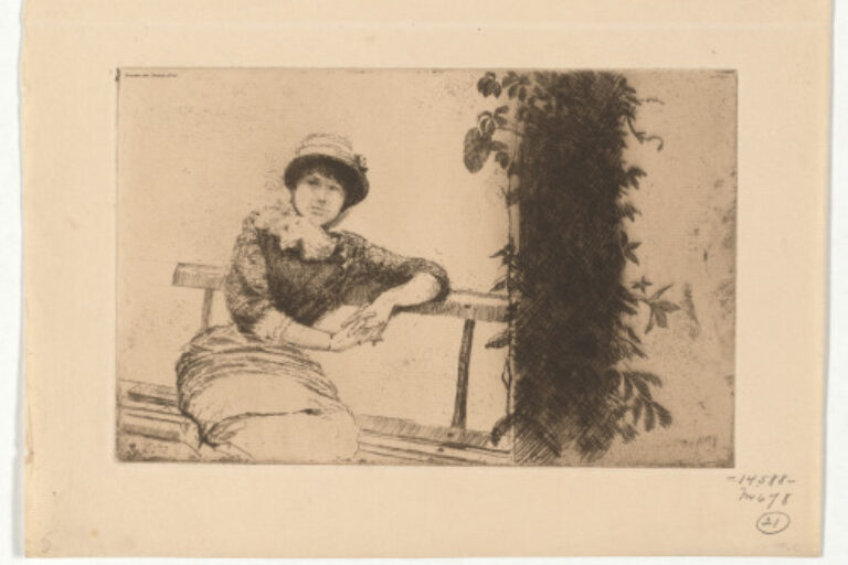 STUDY IN MY GARDEN: WOMAN IN HAT SITTING ON A BENCH