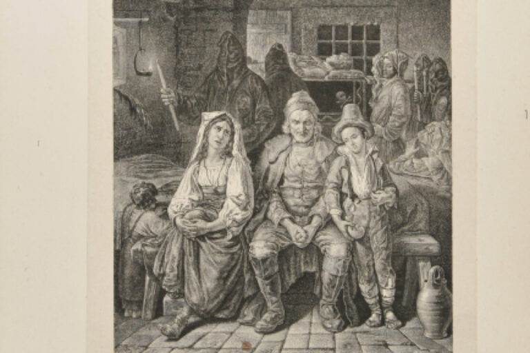 INTERIOR SCENE WITH MAN SEATED ON BENCH AT CENTER