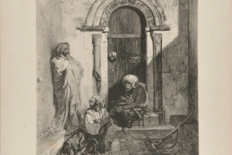 THREE EXECUTIONERS OUTSIDE AN ARCHED DOORWAY OF A PRISON