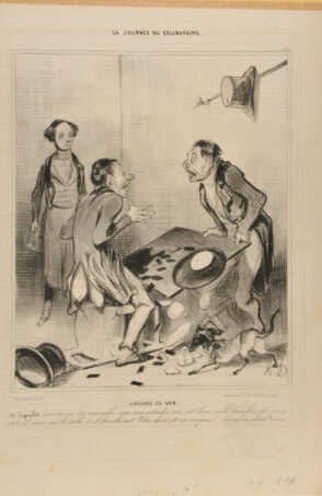 Five o’clock in the evening. Mr. Coquelet, you are a unsocial being, conspiring with your dog. Twice now I’ve had 149 points, and he’s jumped up on the table and mixes up everything. Your dog is an accomplice! An you are an old cheat.