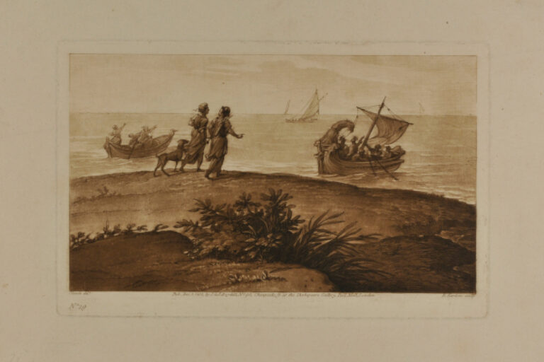 LANDSCAPE WITH TWO FIGURES AND A DOG WALKING AT THE LEFT, AND THREE BOATS IN THE DISTANCE