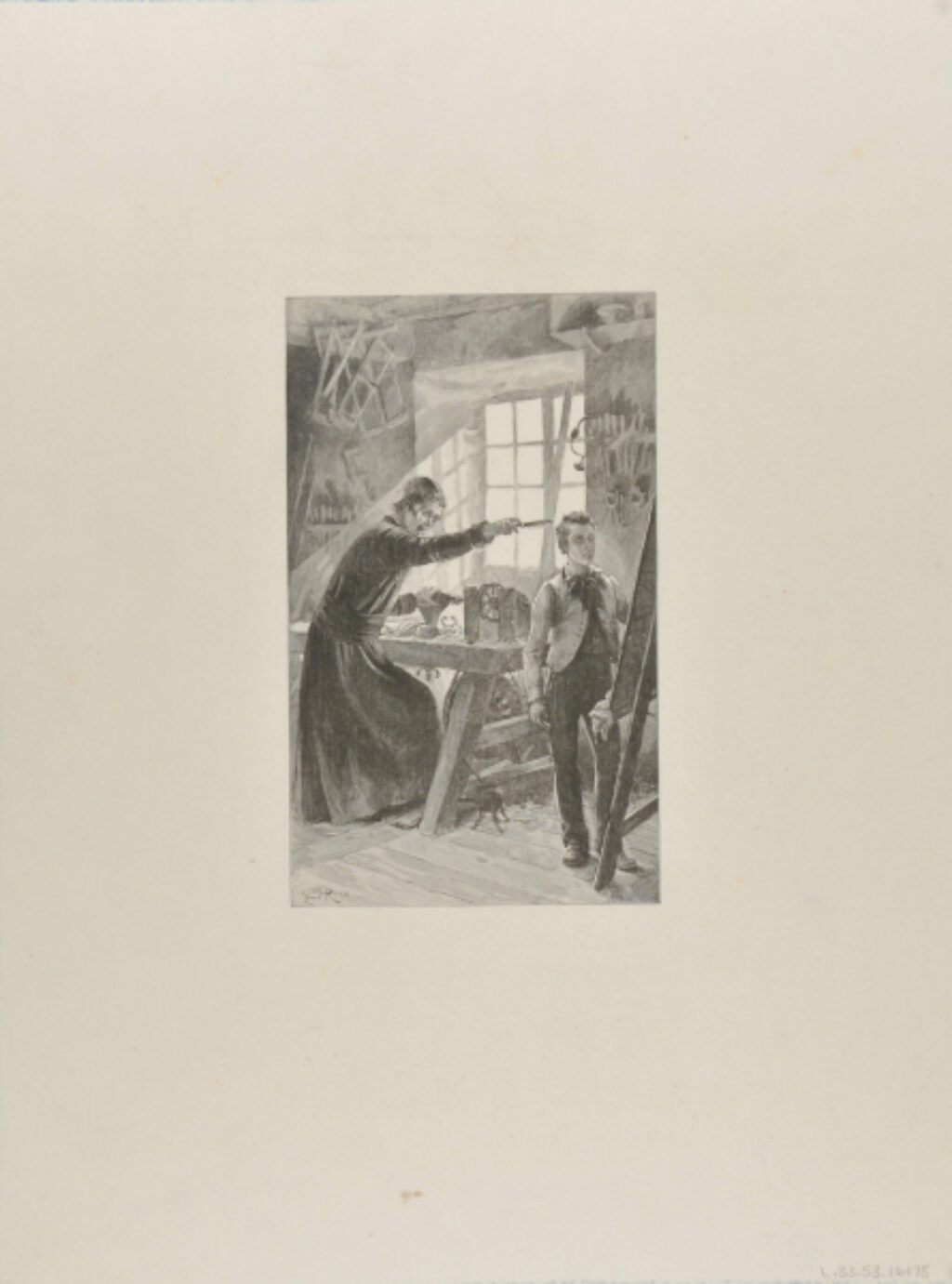 Studio Scene with Two Male Figures, One in Front of an Easel