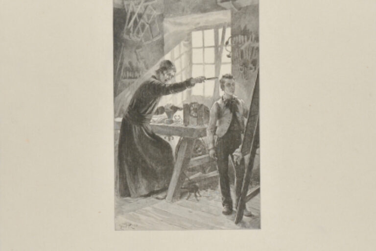 STUDIO SCENE WITH TWO MALE FIGURES, ONE IN FRONT OF AN EASEL