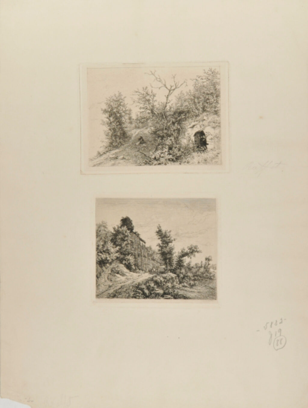 Landscape with Figure Seated on a Hillside [top]; Landscape with Figures near a Cross [bottom]