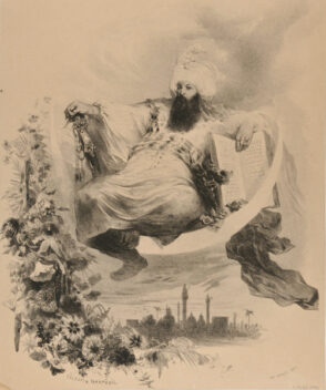 A Man Wearing a Turban Seated on a Crescent Moon