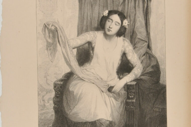 YOUNG WOMAN EMBROIDERING A SCARF