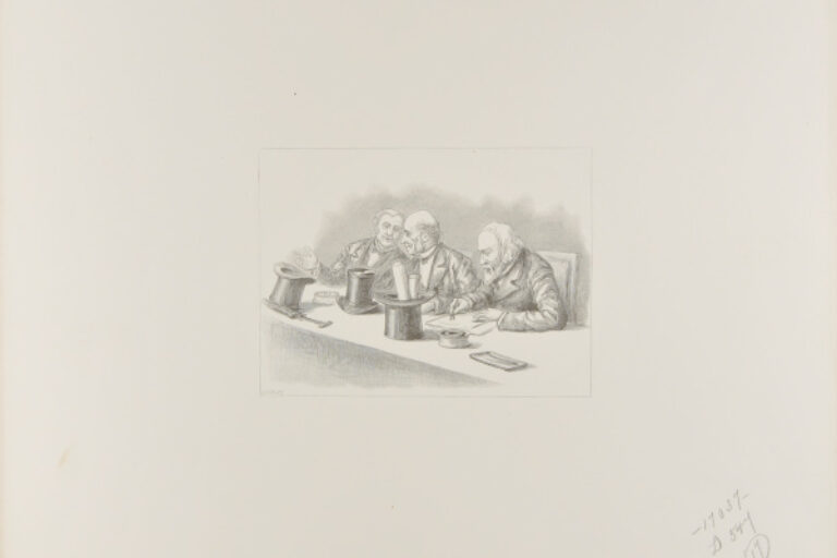 THREE MEN AT A TABLE WITH THEIR TOP HATS