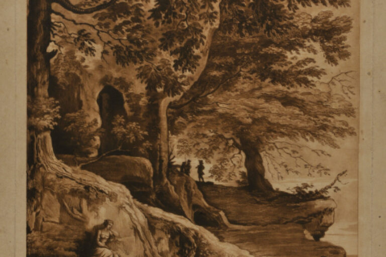 LANDSCAPE, WITH WOMAN SEATED ALONG RIVERBANK