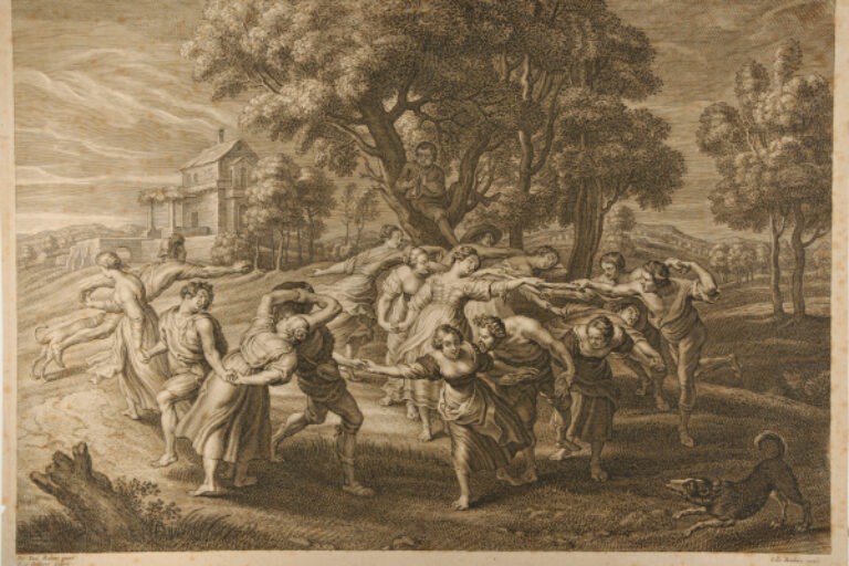 LANDSCAPE WITH SIXTEEN MEN AND WOMEN DANCING IN A CIRCLE