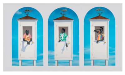 All three canvases depict a singular adult figure with skin tones rendered in grayscale standing in small, slender, white tower structures against a blue background with no horizon in sight. Each tower is inset with a slightly recessed doorway. Within each doorway is a closed Dutch door.