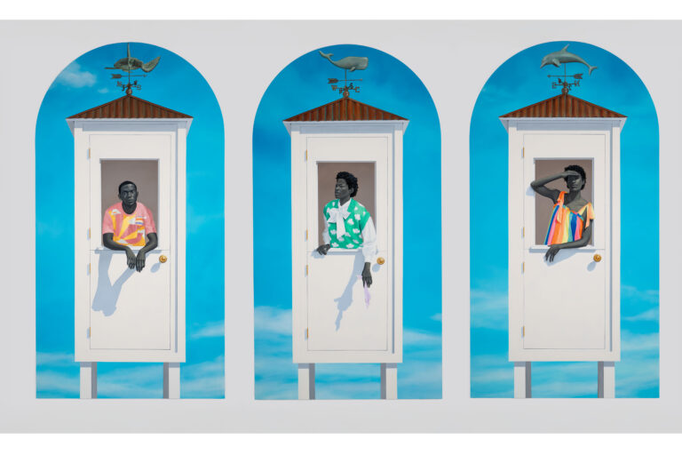 All three canvases depict a singular adult figure with skin tones rendered in grayscale standing in small, slender, white tower structures against a blue background with no horizon in sight. Each tower is inset with a slightly recessed doorway. Within each doorway is a closed Dutch door.