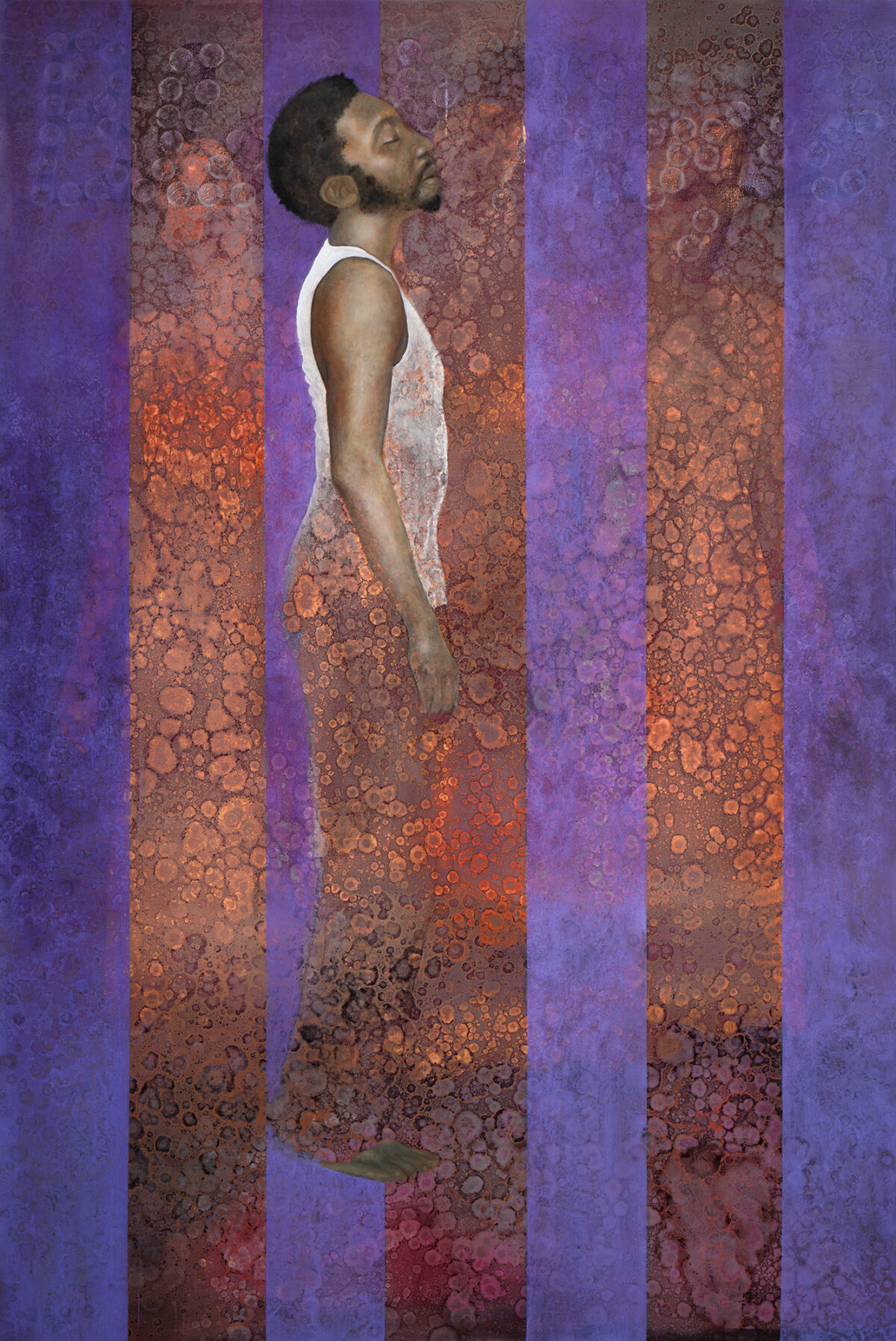 A full-body painting of a man dark-toned skin shown in profile, wearing a white tank top, with his eyes closed and head tilted up. His body is partially transparent, blending into a background of alternating purple and mottled orange-brown vertical stripes.