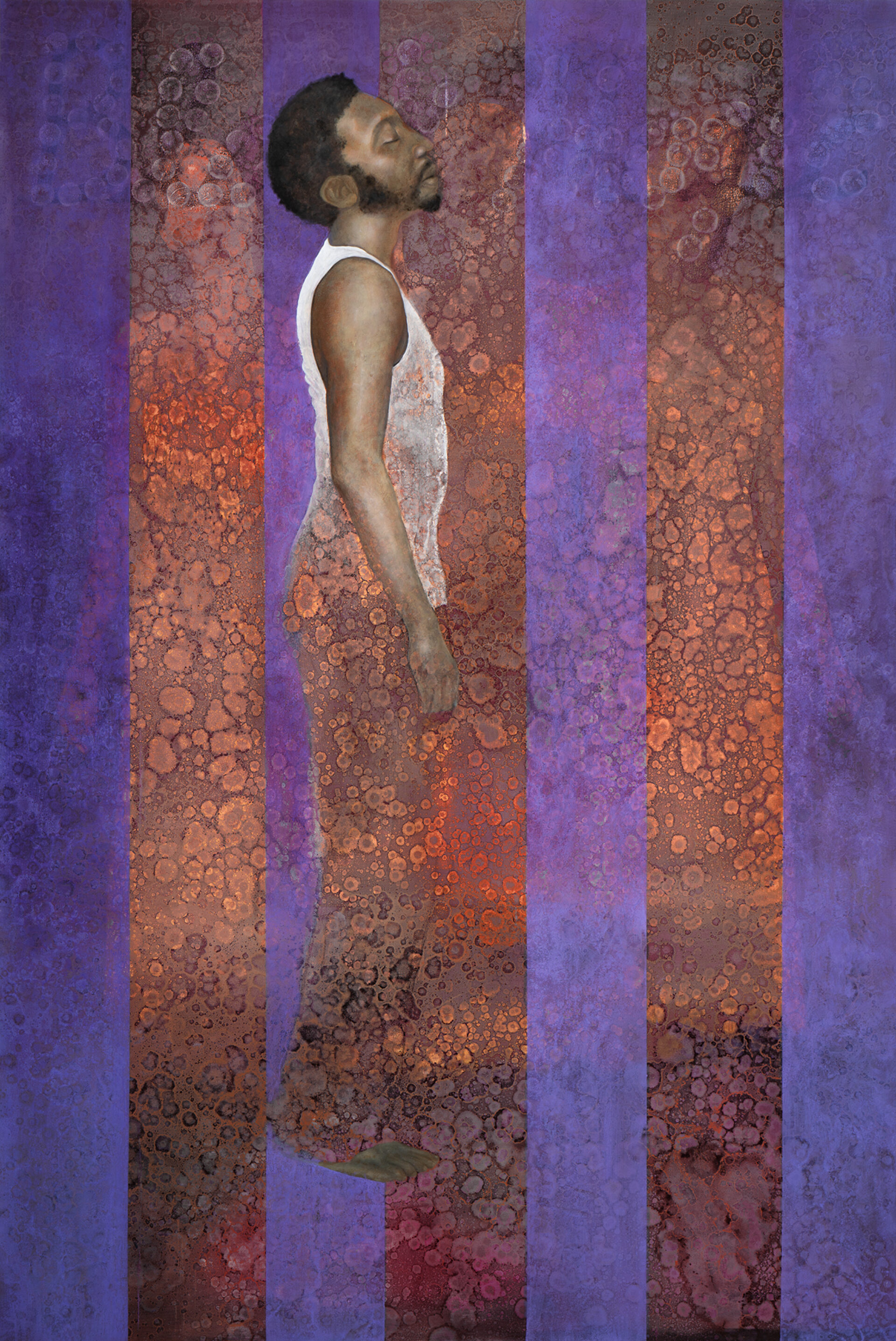 A full-body painting of a man dark-toned skin shown in profile, wearing a white tank top, with his eyes closed and head tilted up. His body is partially transparent, blending into a background of alternating purple and mottled orange-brown vertical stripes.