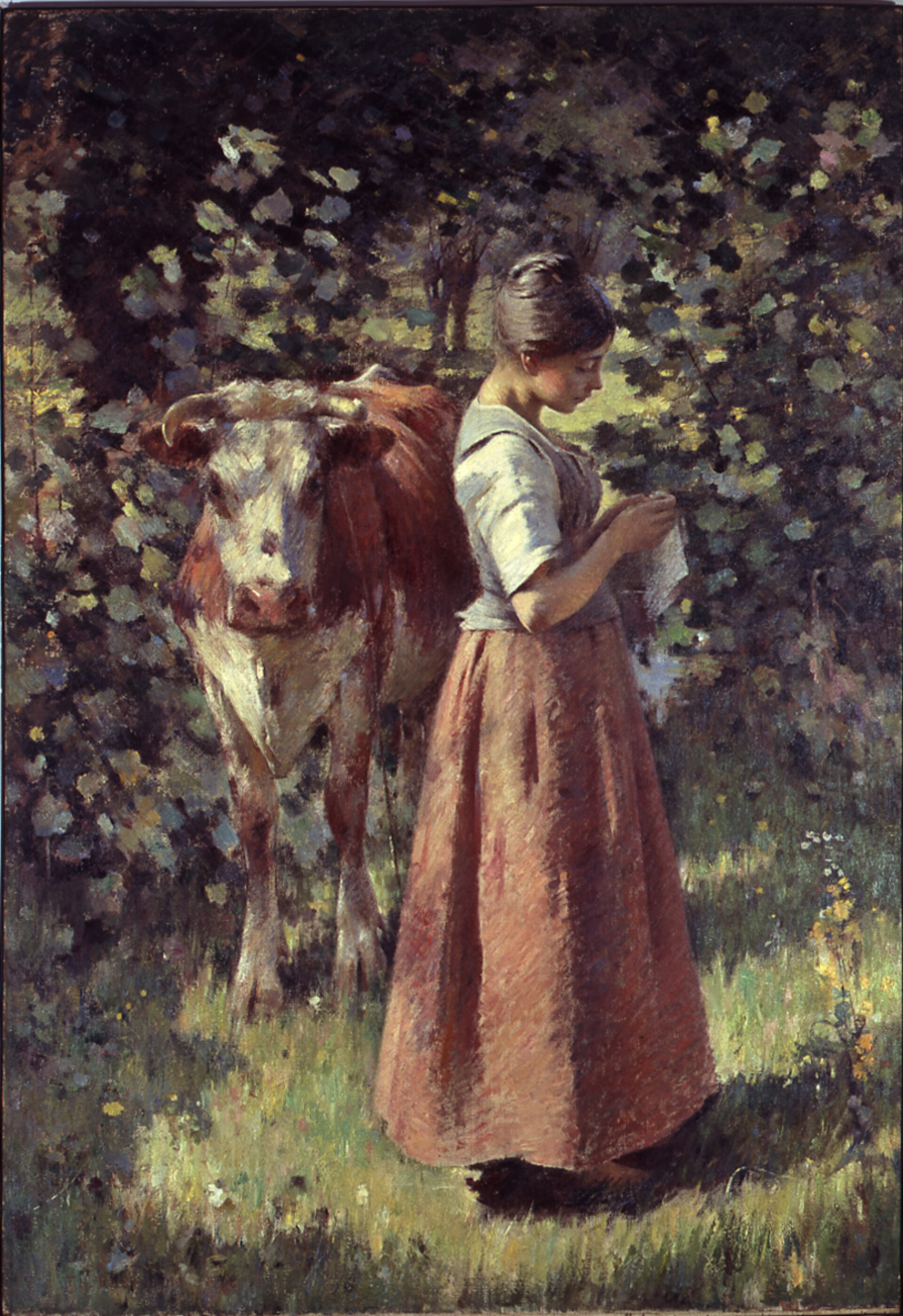 An oil painting with loose brushwork of a warm pastoral scene with a young woman standing next to a cow in a grassy area, surrounded by lush greenery.