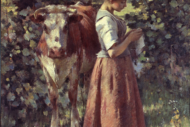 An oil painting with loose brushwork of a warm pastoral scene with a young woman standing next to a cow in a grassy area, surrounded by lush greenery.