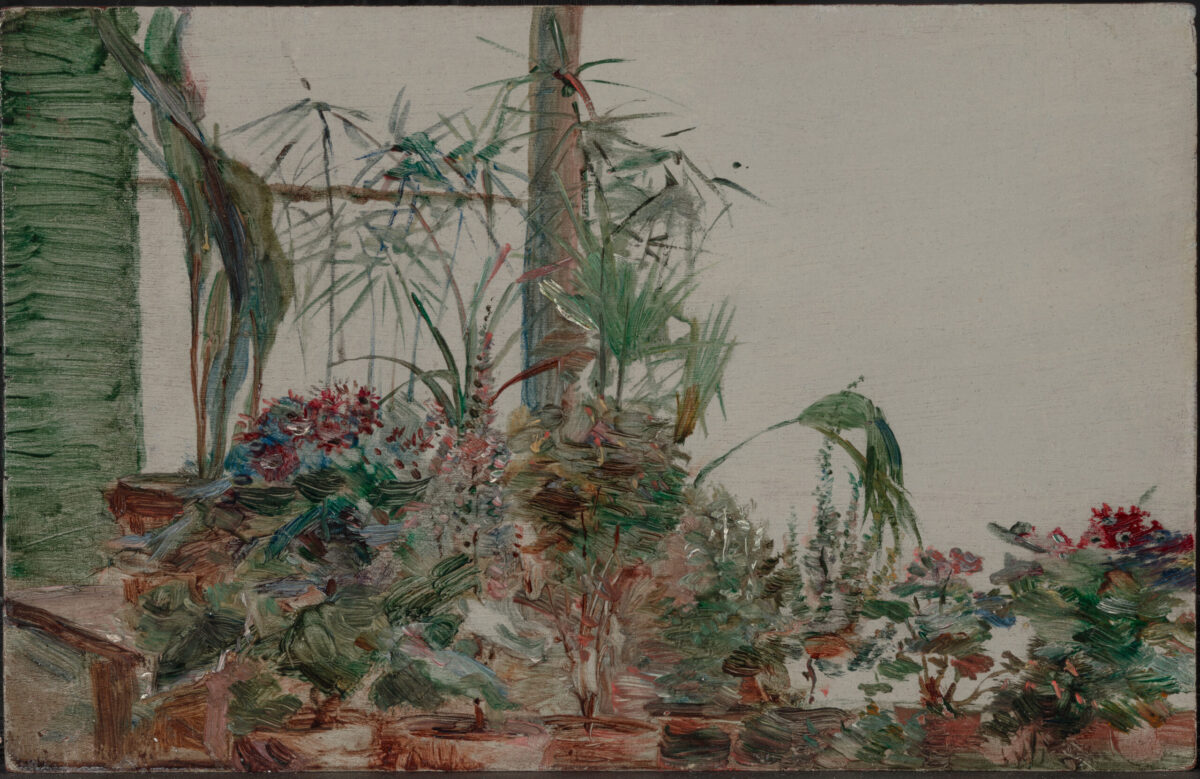 A petite painting depicting a lush, vibrant potted garden filled with various plants and flowers, showcasing a mix of green foliage and colorful blossoms.