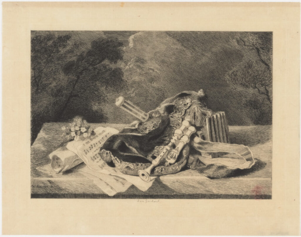 Bagpipes, with the score of the song “O ma tendre musette”