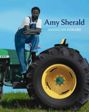 Painting by Amy Sherald of a black man in overalls and a white t-shirt standing with one foot on the wheel of a tractor in a field.