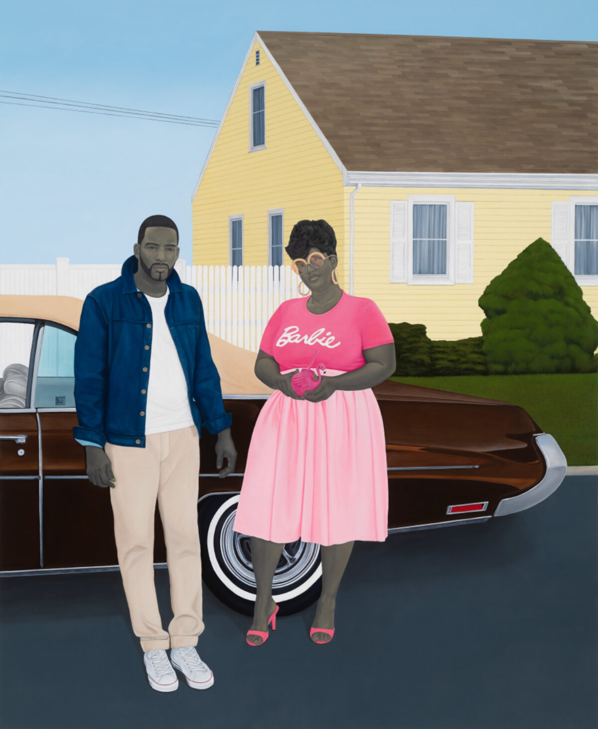 A painting depicting two figures presenting as a man and a woman standing next to a vintage brown convertible car. The man wears a blue denim jacket, white t-shirt, light pants, and white sneakers. The woman wears a pink t-shirt with 