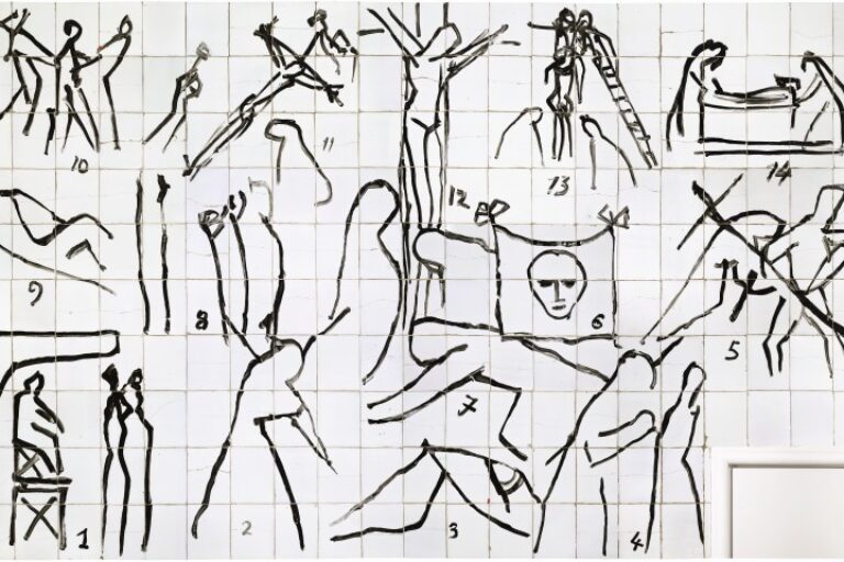 A grid of white tiles features 14 numbered black line drawings depicting figures in various poses. Scenes include a crucifixion, figures carrying crosses, and others being lowered from a cross.